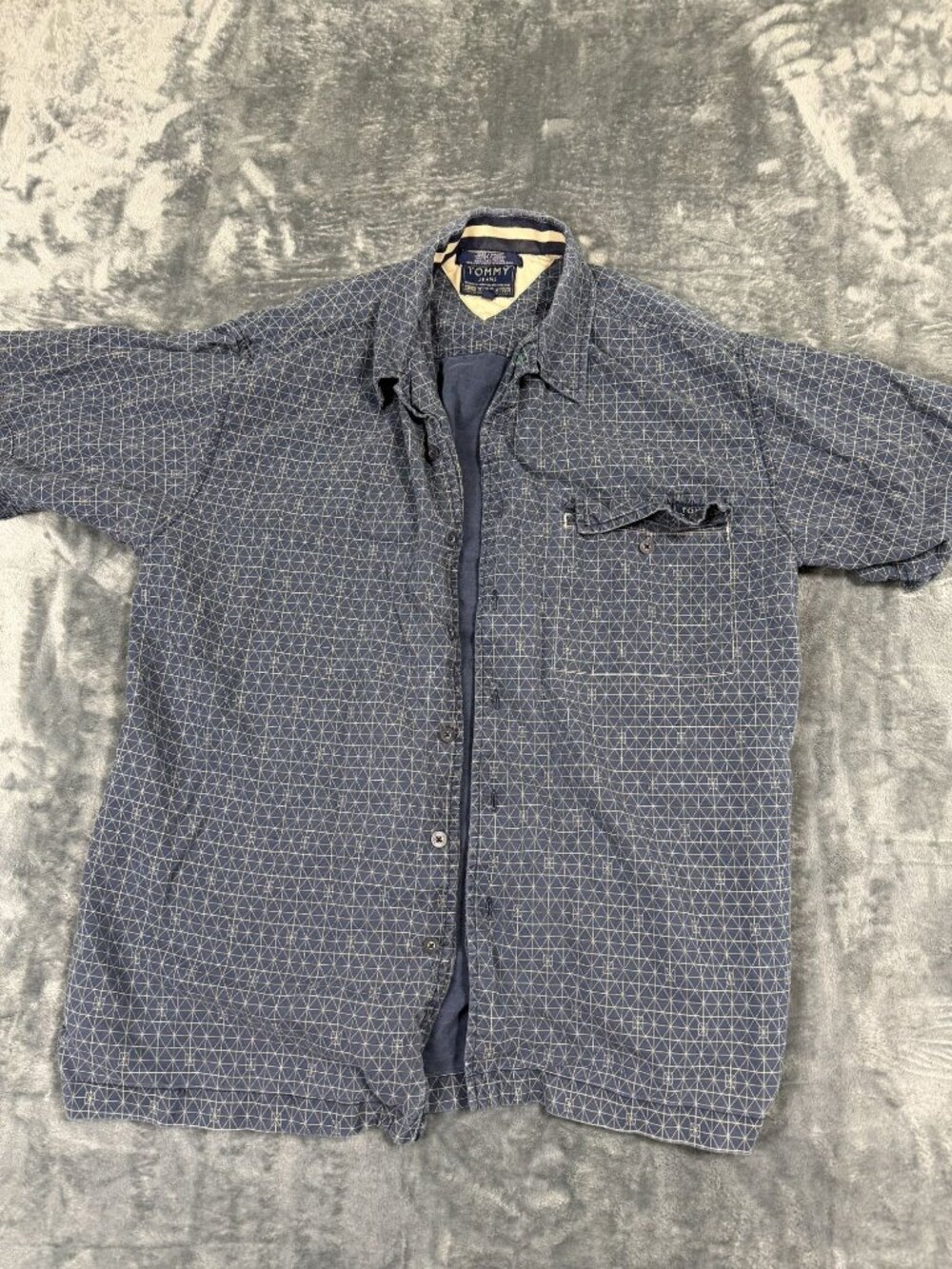 Tommy Jeans Blue Geometric Button-Down Shirt Mens Size L Cotton Blend
